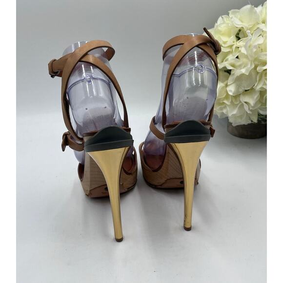 Lanvin‎ 2012 ETE "Opanca" Tan Buckle Strap Gold Wood Platform Stilettos 39/8-8.5 - Picture 3 of 12